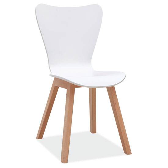 A white chair with wooden legs and a wood seat.